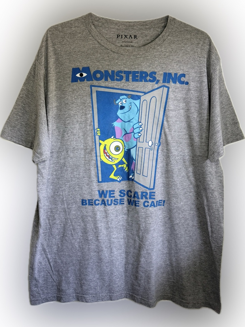 Disney Pixar Monsters, Inc. We Scare Because We Care GrayT-Shirt Adult Size XL